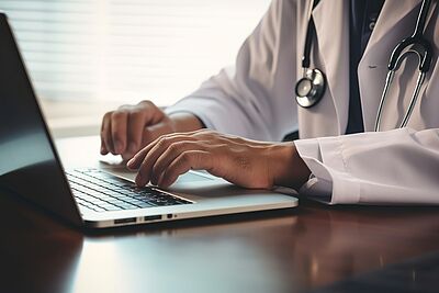 Médecin tapant sur un clavier d'ordinateur